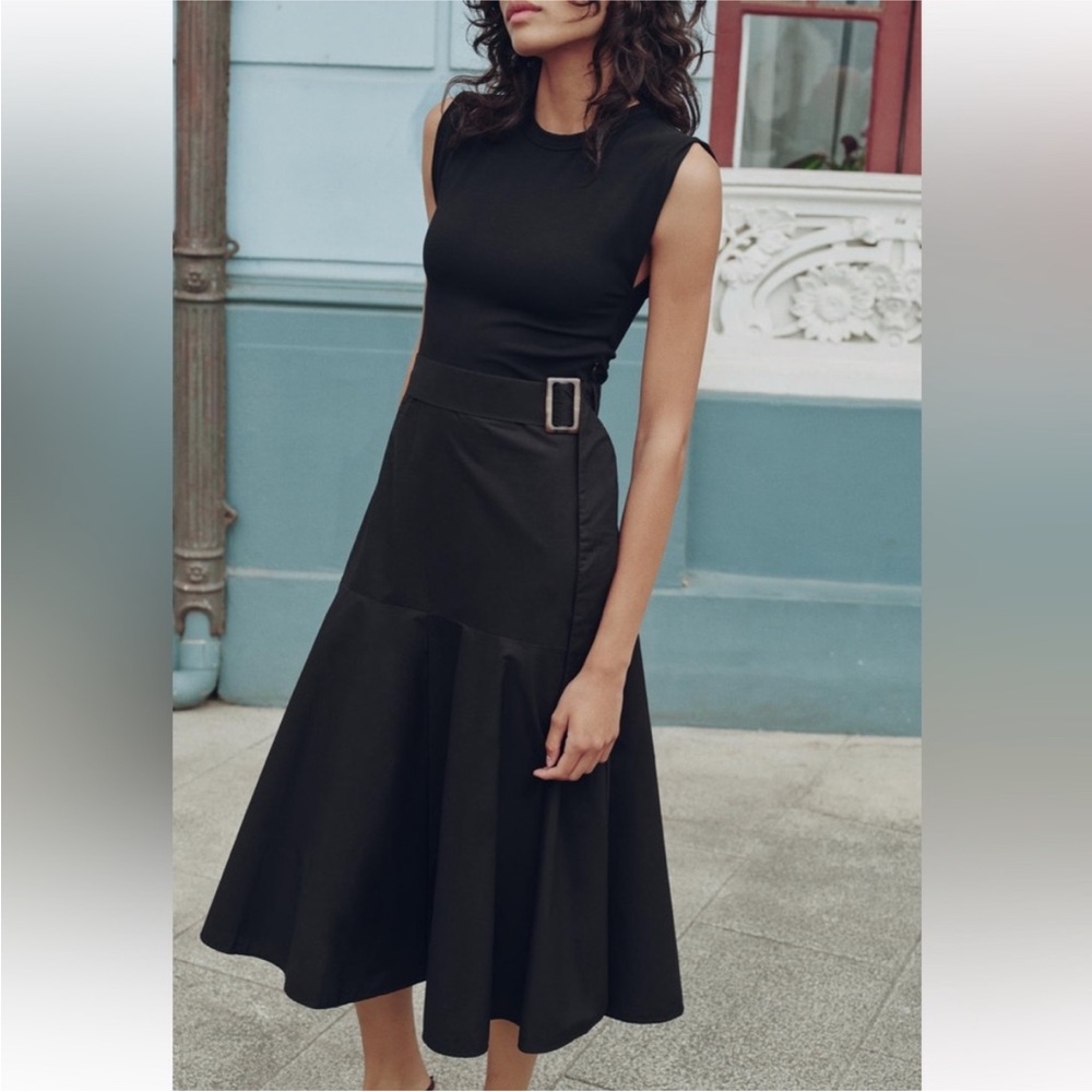 Zara NWT Chic Black Midi Dress with Belt Detail - Picture 3 of 13